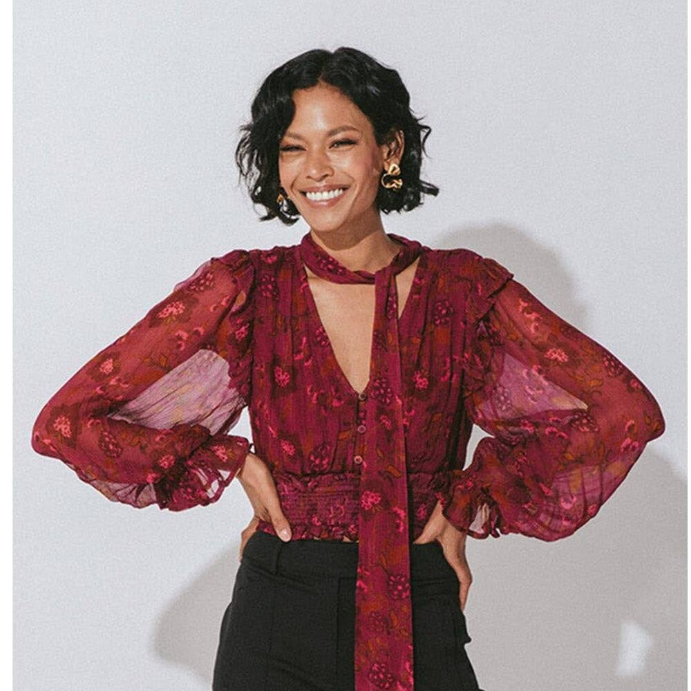 Cleobella Olivia Blouse Botanical V-Neck Long Sleeve Cropped Red Size Small